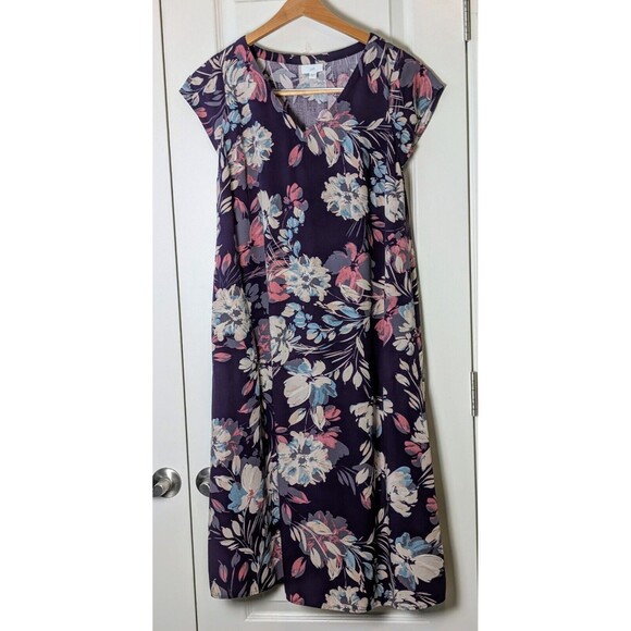 J Jill Dress Floral Purple Maxi Short Sleeve Rayon Pockets Rayon Size XS - Picture 1 of 11